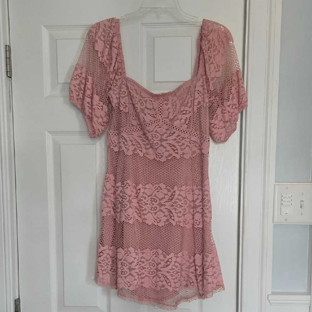 Free People Pink Lace Puff-Sleeve Tunic Dress
